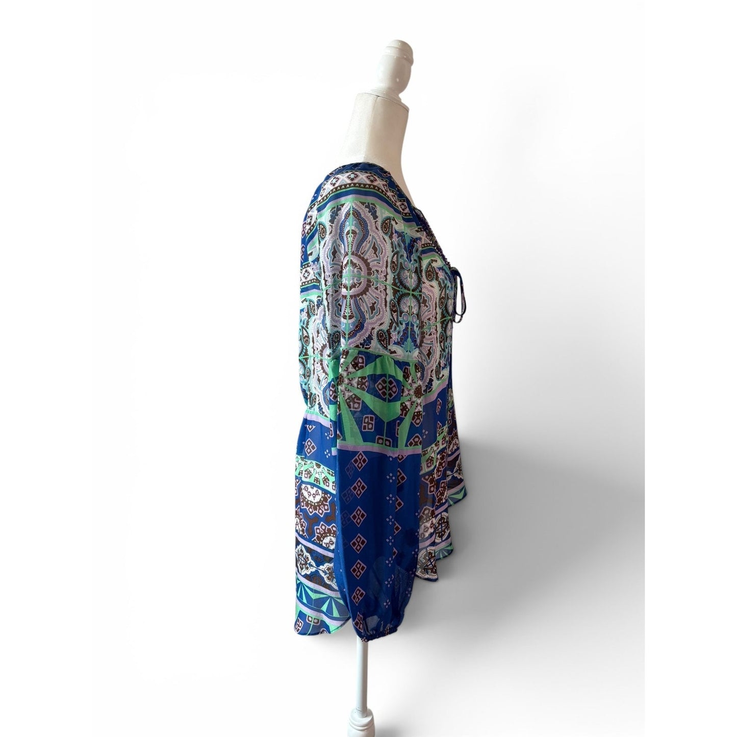 Hale Bob Silk Beaded Tunic Top Sz M Blue Green Boho Print Blouse Long Sleeve