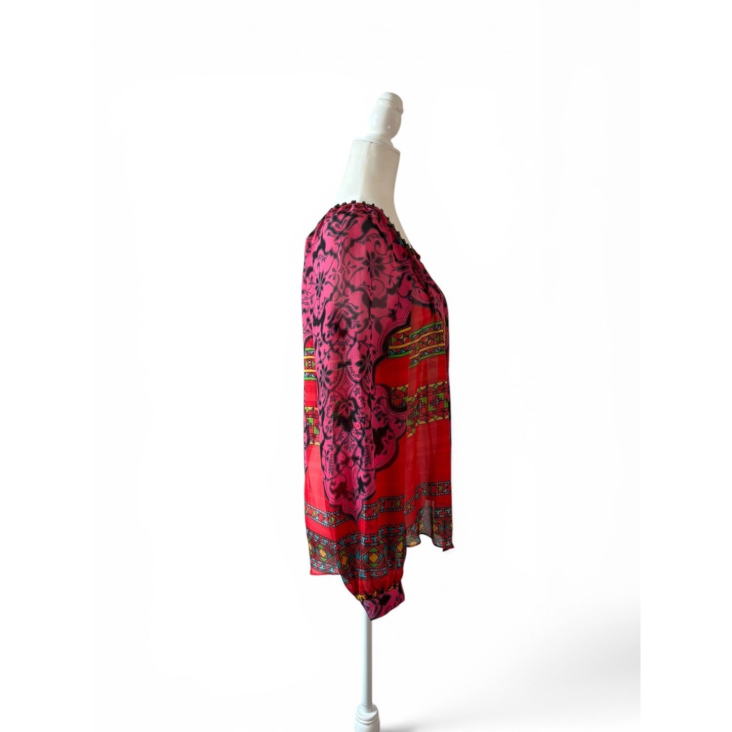 Hale Bob Silk Beaded Tunic Top Sz M Red Pink Boho Print Blouse Long Sleeve