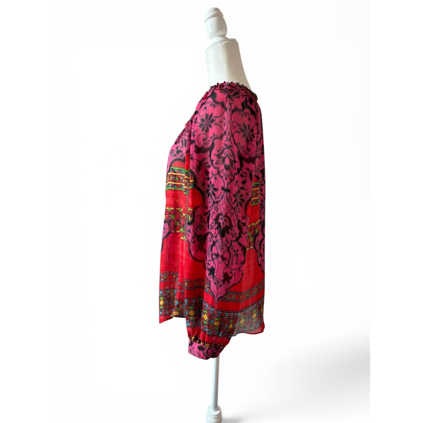 Hale Bob Silk Beaded Tunic Top Sz M Red Pink Boho Print Blouse Long Sleeve
