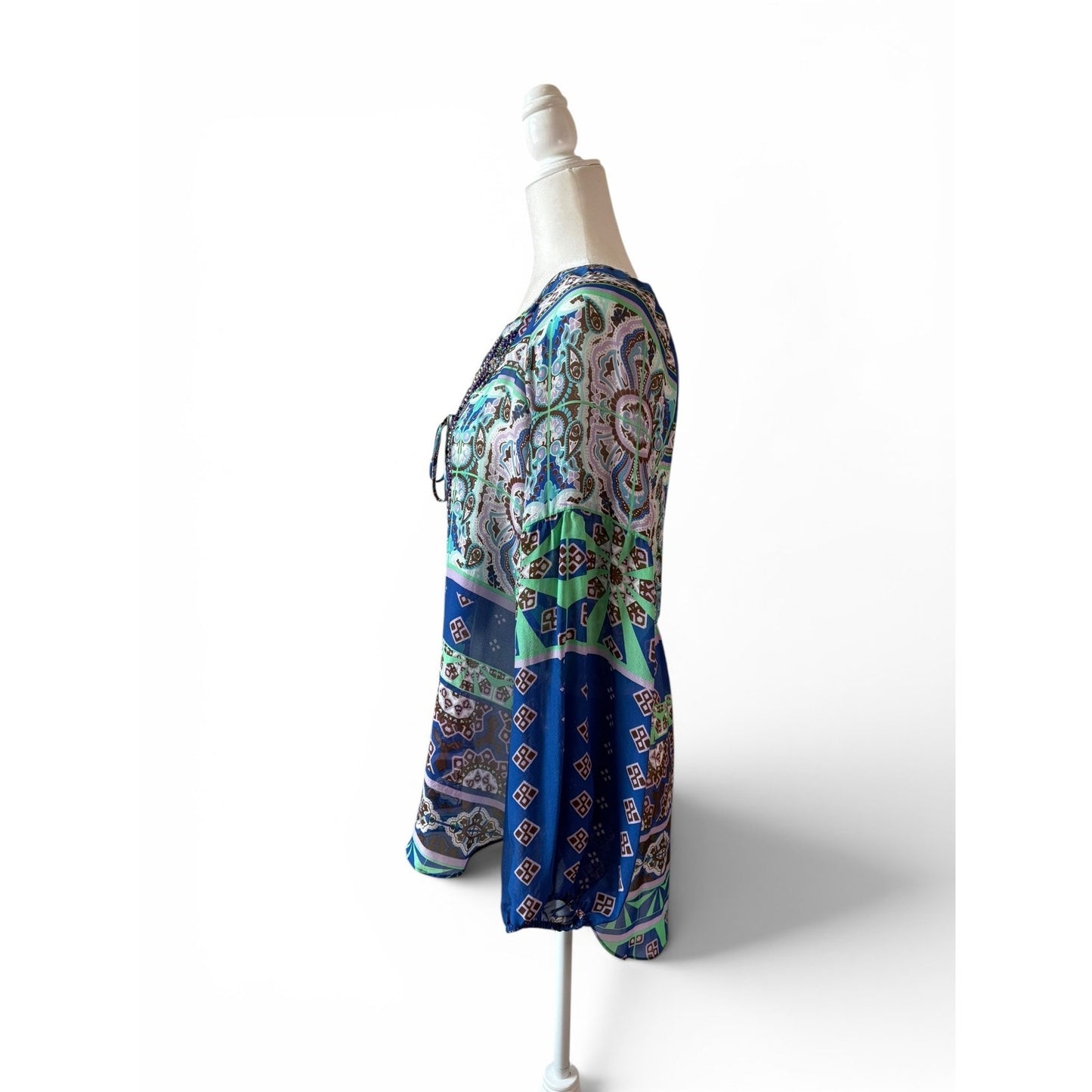 Hale Bob Silk Beaded Tunic Top Sz M Blue Green Boho Print Blouse Long Sleeve