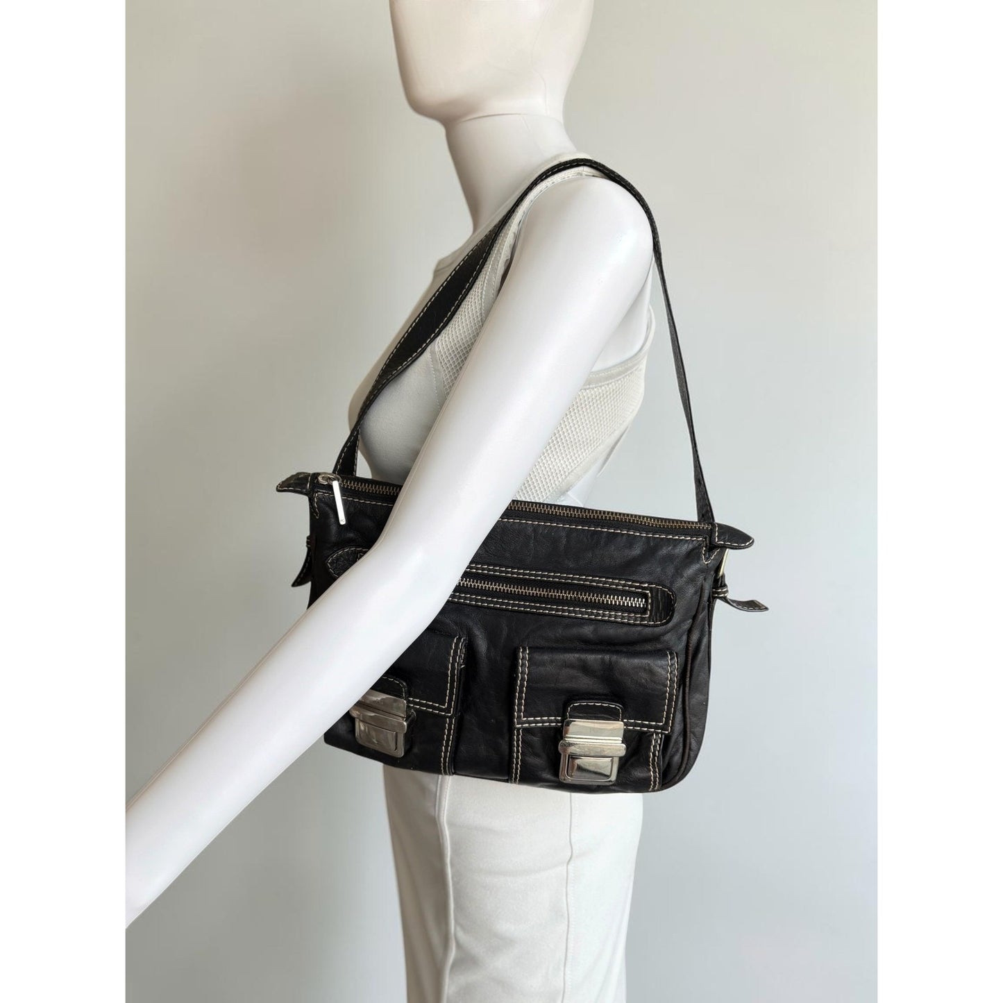 Purificacion Garcia Black Leather Shoulder Bag Silver Hardware Made in Spain
