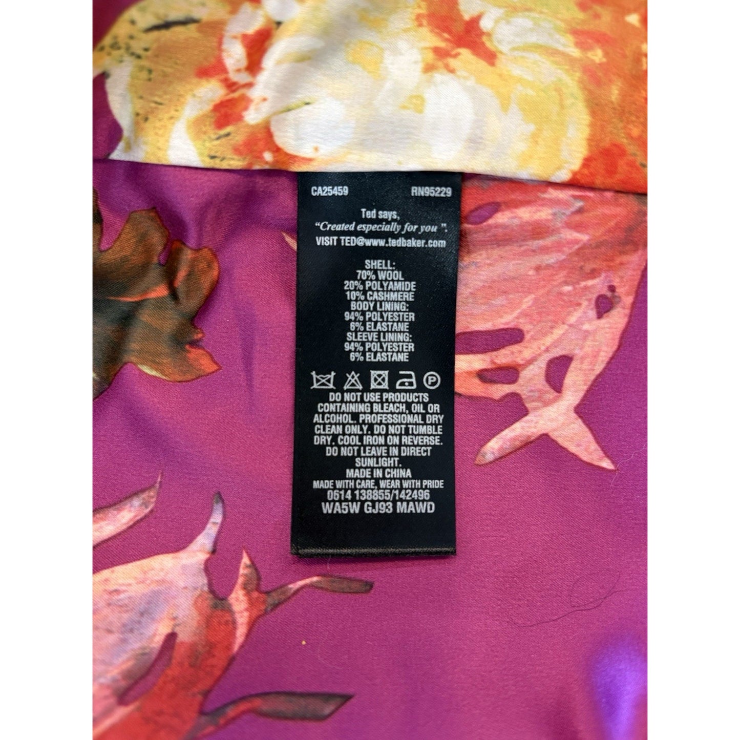 Ted Baker Mawd Pink Wool Cashmere Cocoon Coat Floral Lined Designer NWOT 3/US 8