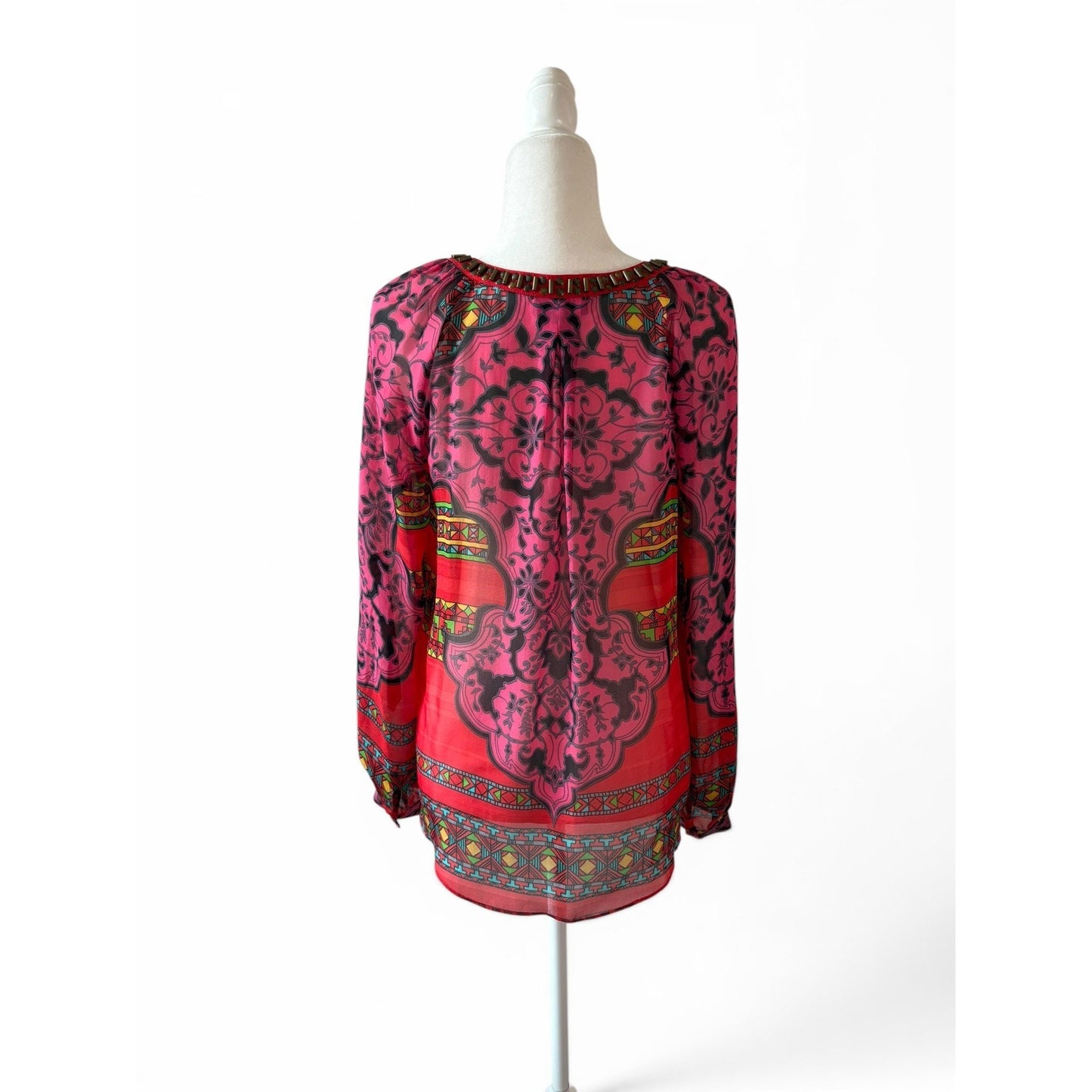 Hale Bob Silk Beaded Tunic Top Sz M Red Pink Boho Print Blouse Long Sleeve
