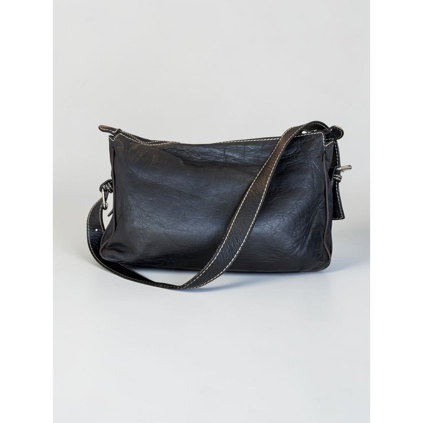 Purificacion Garcia Black Leather Shoulder Bag Silver Hardware Made in Spain