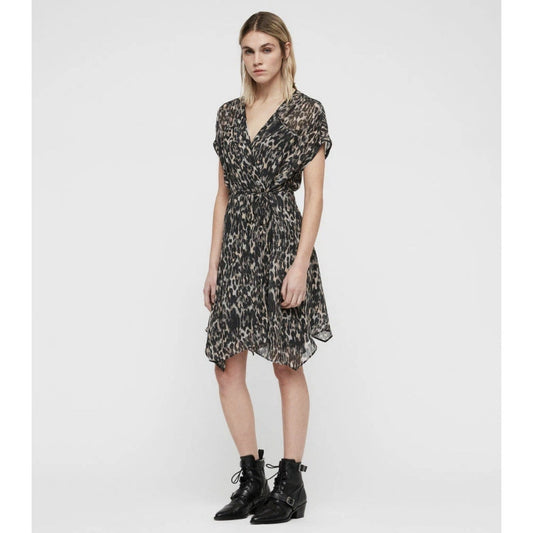 AllSaints Claria Leopard Print Faux Wrap Mini Dress V-Neck Sheer Asymmetric