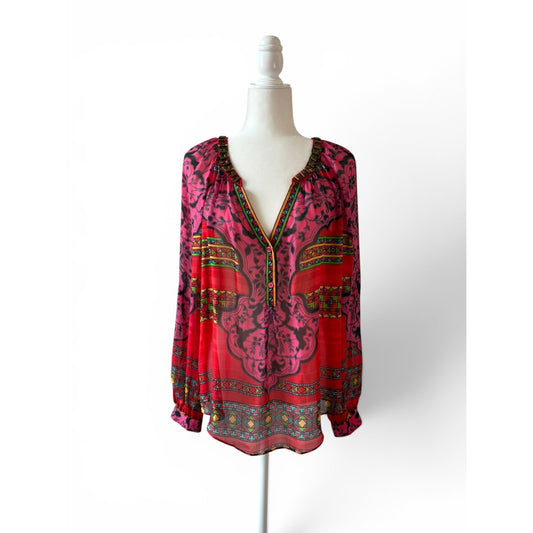 Hale Bob Silk Beaded Tunic Top Sz M Red Pink Boho Print Blouse Long Sleeve