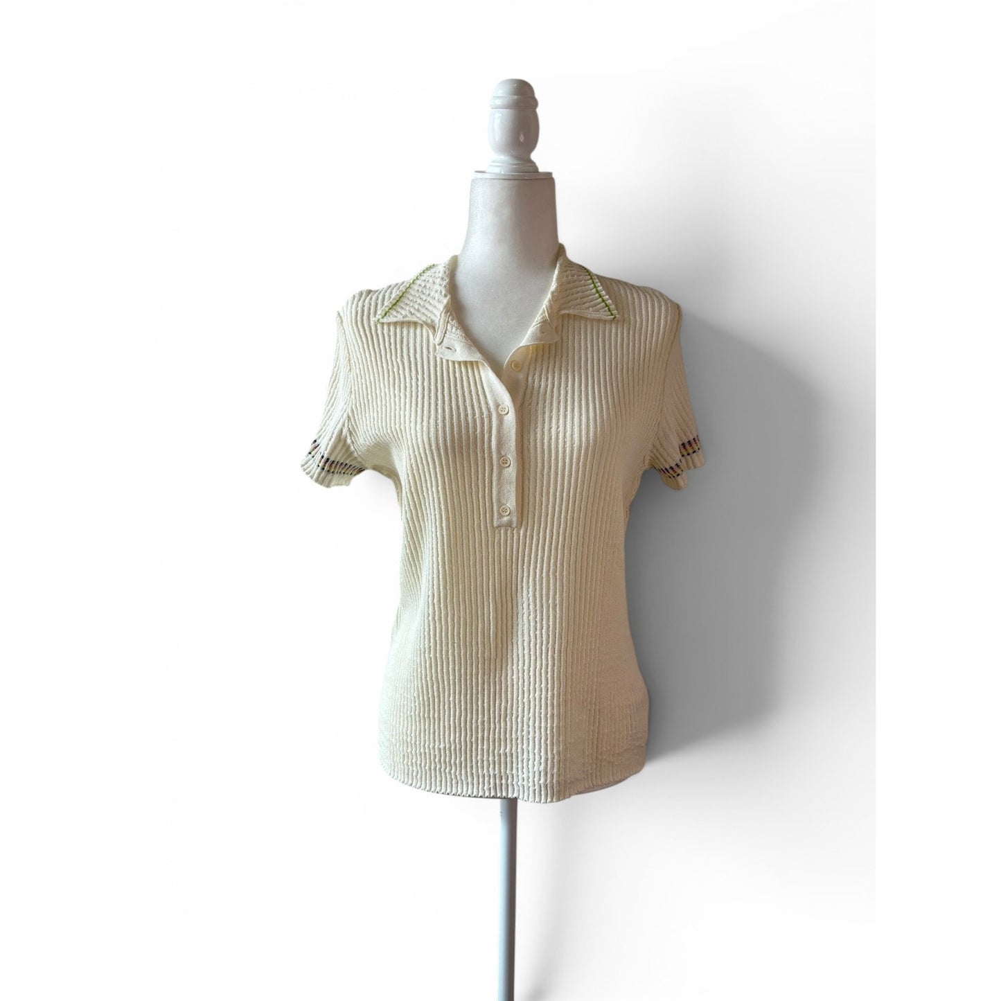 Aldomartins Barcelona Ribbed Knit Polo Sz US 10 Ivory Green Trim Boho Luxury