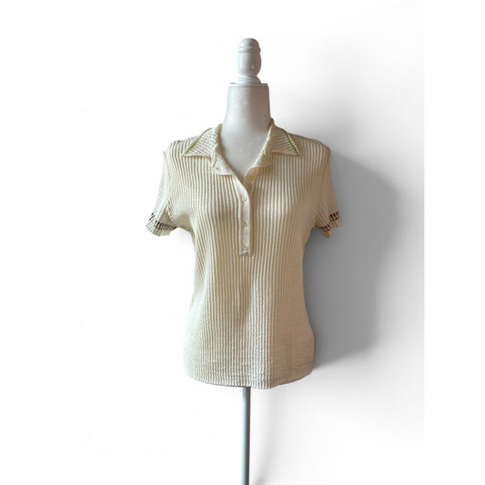 Aldomartins Barcelona Ribbed Knit Polo Sz US 10 Ivory Green Trim Boho Luxury