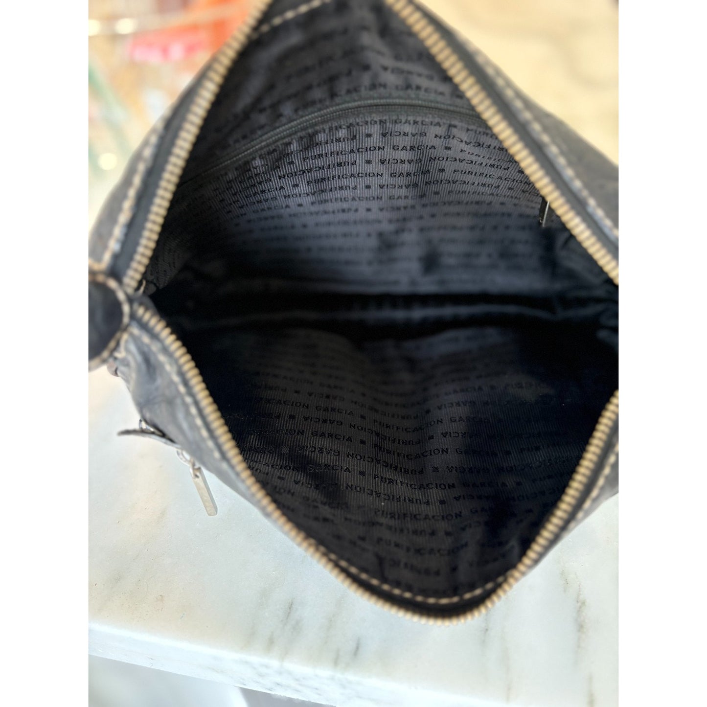 Purificacion Garcia Black Leather Shoulder Bag Silver Hardware Made in Spain