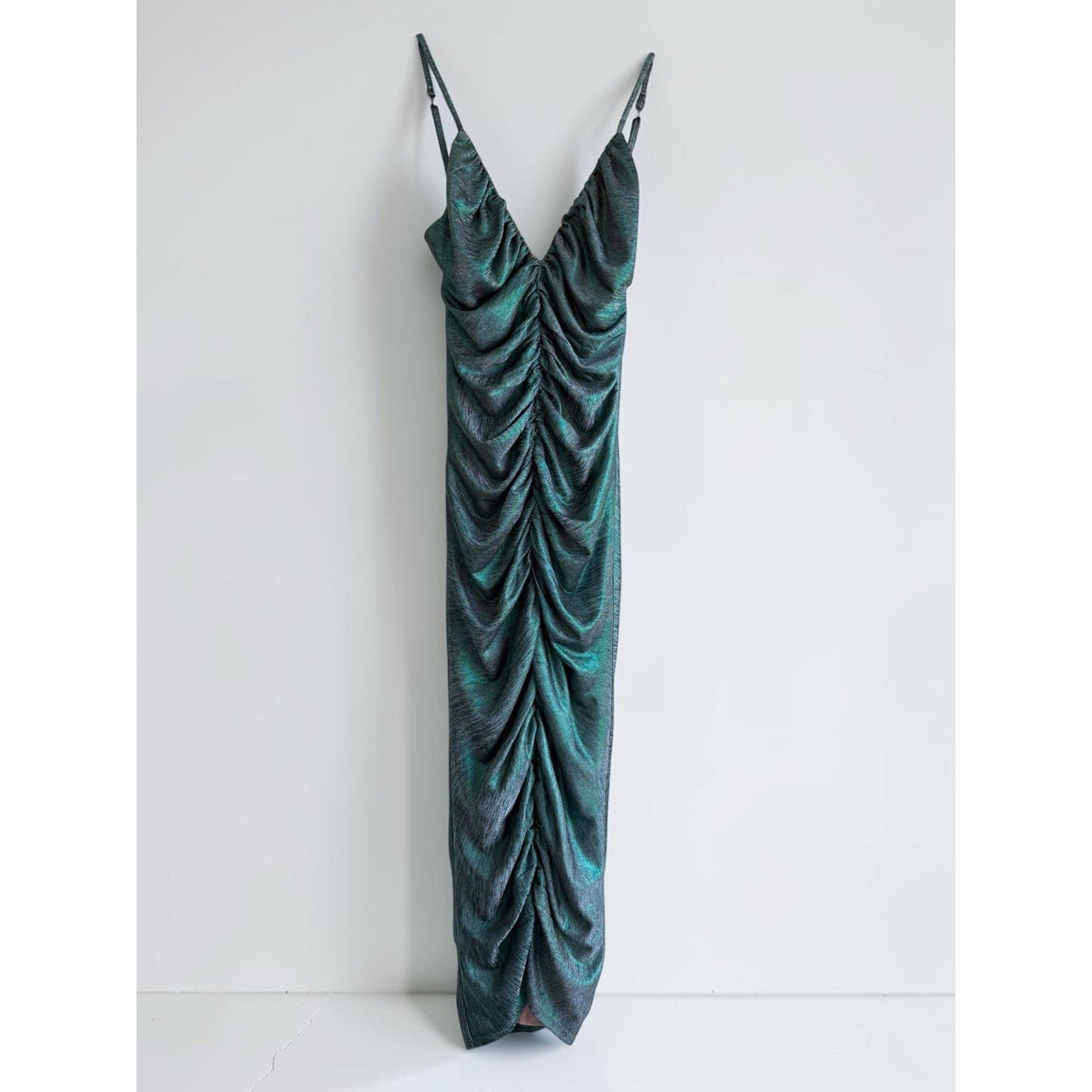 Lovers and Friends Ramona Ruched Midi Dress Green Metallic Sz XXS NWT