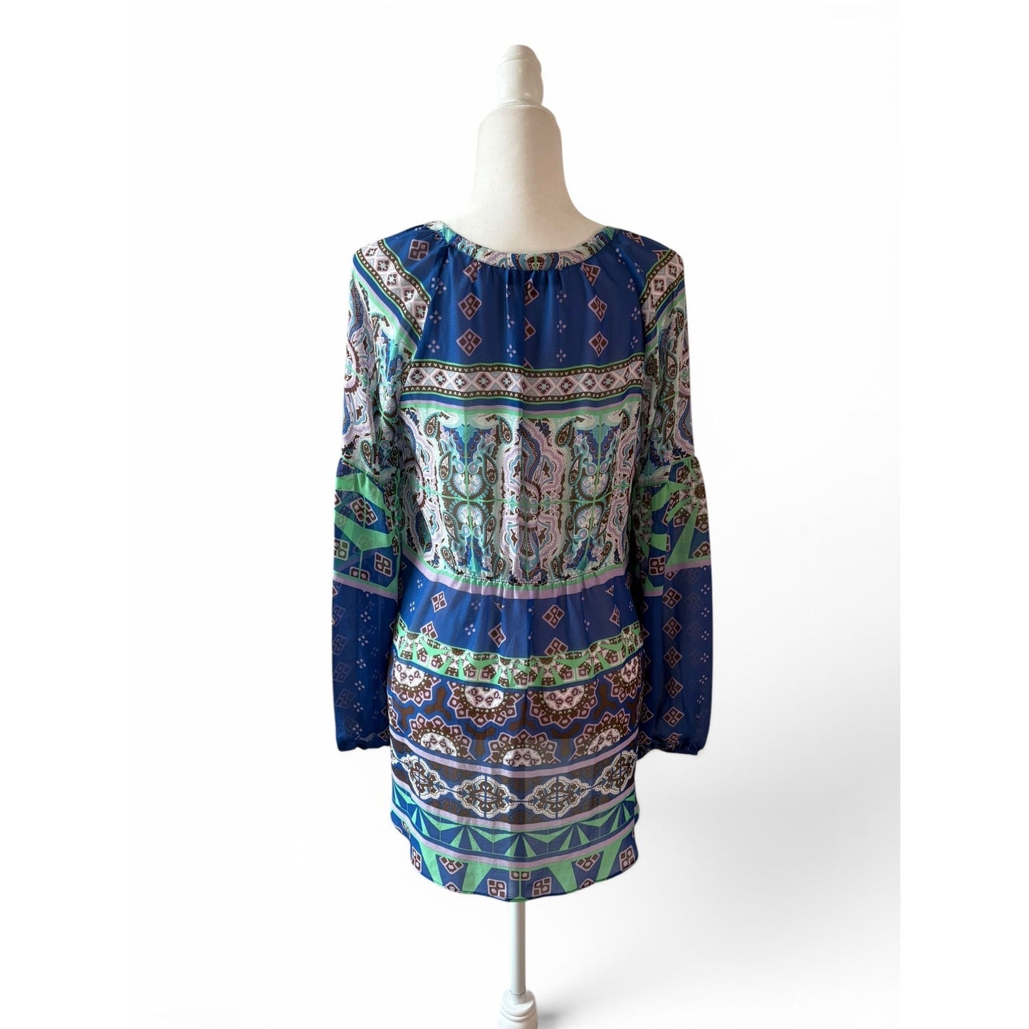 Hale Bob Silk Beaded Tunic Top Sz M Blue Green Boho Print Blouse Long Sleeve