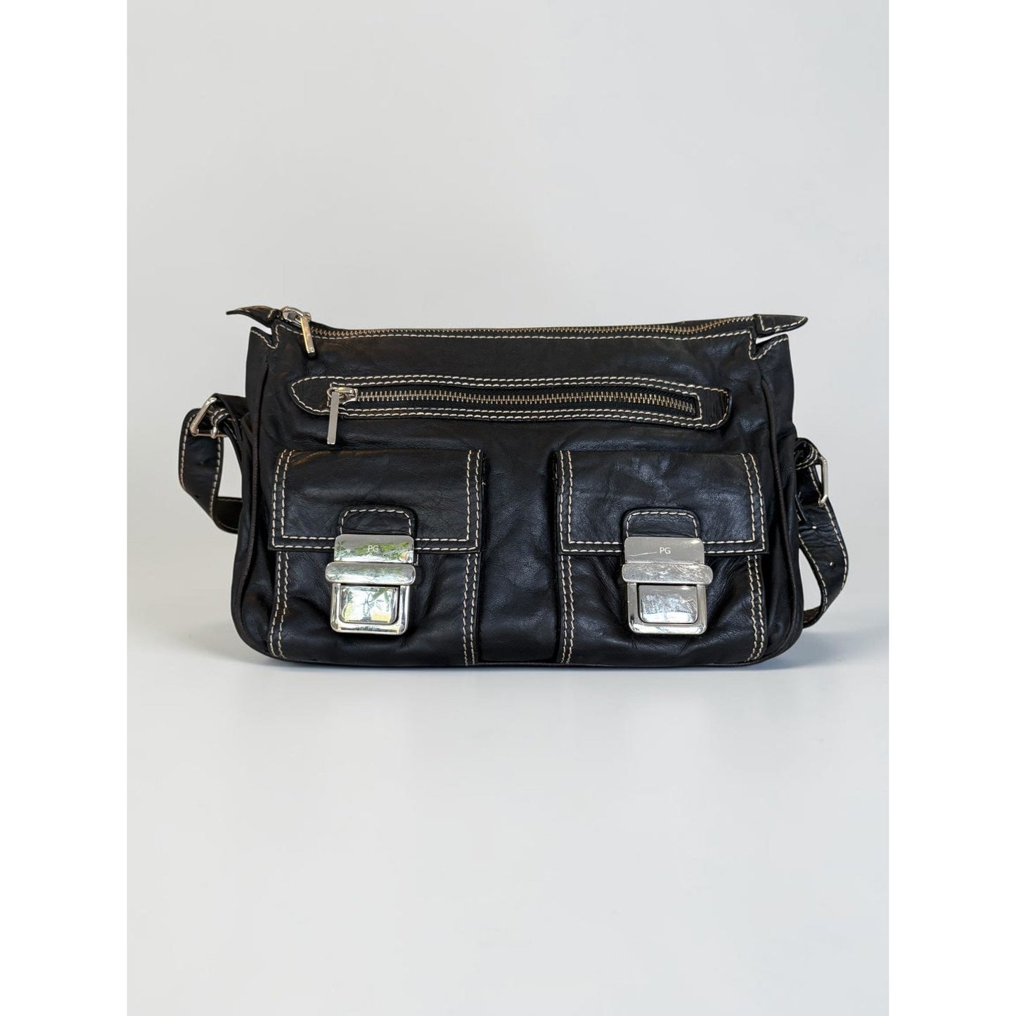 Purificacion Garcia Black Leather Shoulder Bag Silver Hardware Made in Spain