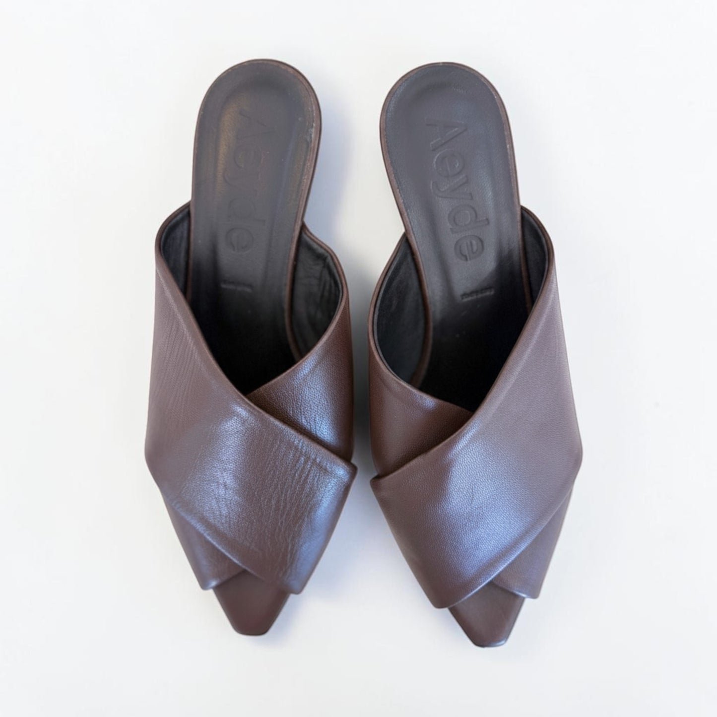 Aeyde Espresso Leather Crisscross Mule Sandals — Size 37