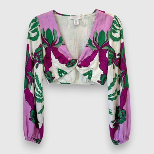 Caroline Constas Floral Palm Balloon Sleeve Crop Top