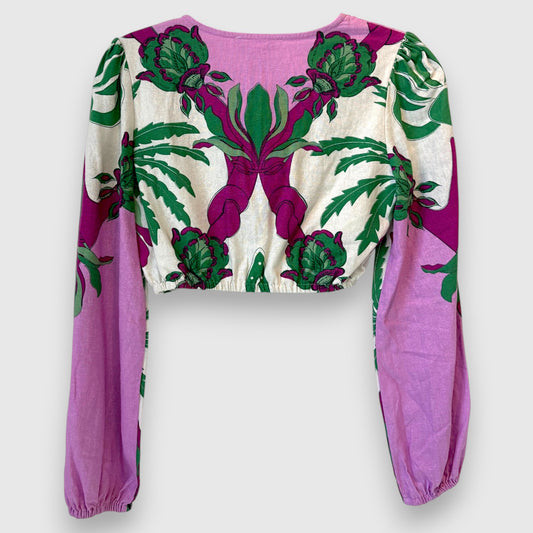 Caroline Constas Floral Palm Balloon Sleeve Crop Top