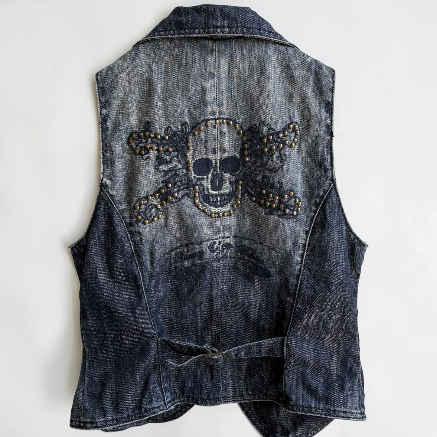 N+Vy Studded Skull &amp; Crossbones Denim Vest — Y2K Biker, Tag T2 (Women's S/M)