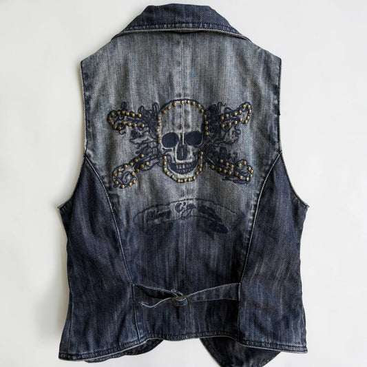 N+Vy Studded Skull &amp; Crossbones Denim Vest — Y2K Biker, Tag T2 (Women's S/M)