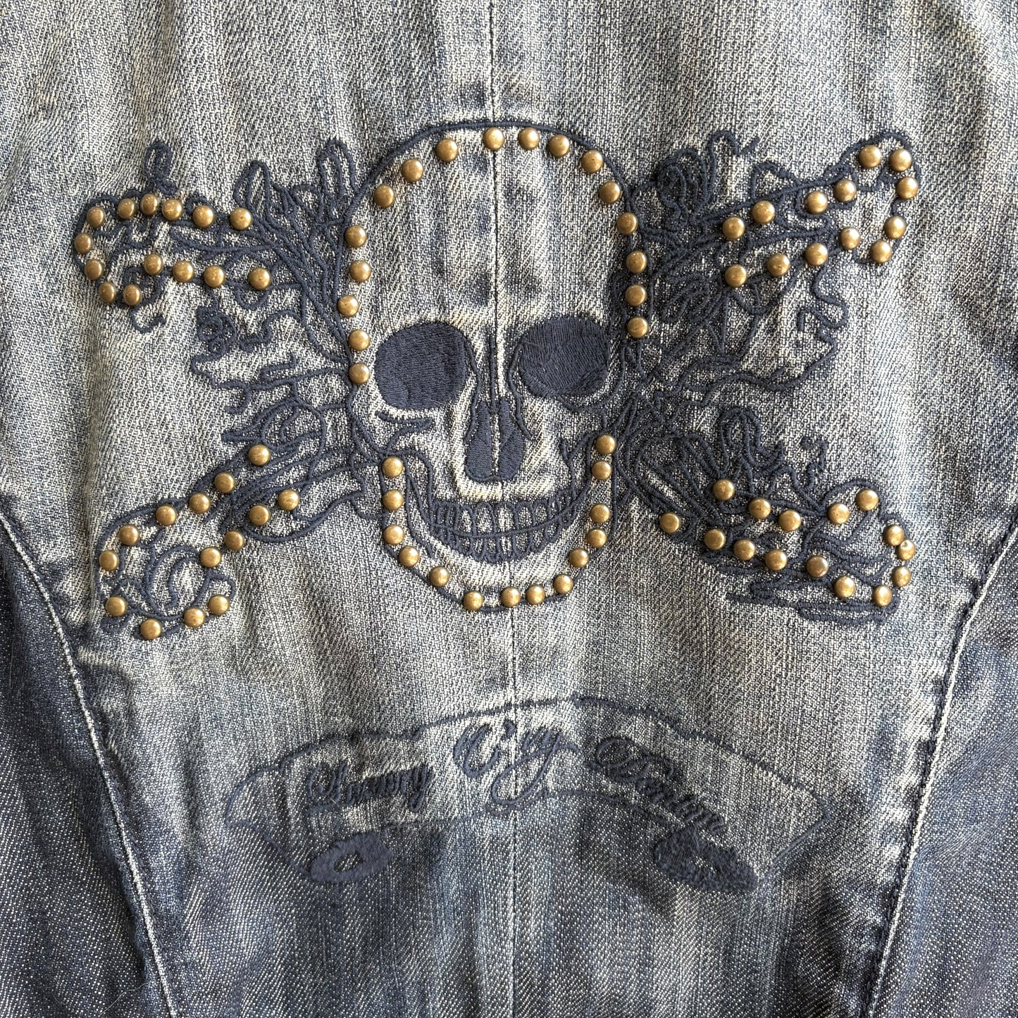 N+Vy Studded Skull &amp; Crossbones Denim Vest — Y2K Biker, Tag T2 (Women's S/M)