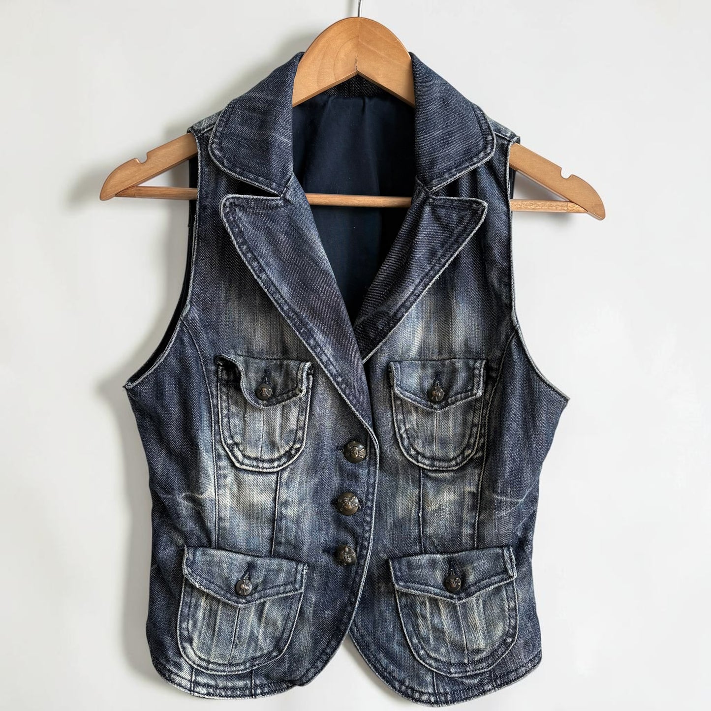 N+Vy Studded Skull &amp; Crossbones Denim Vest — Y2K Biker, Tag T2 (Women's S/M)