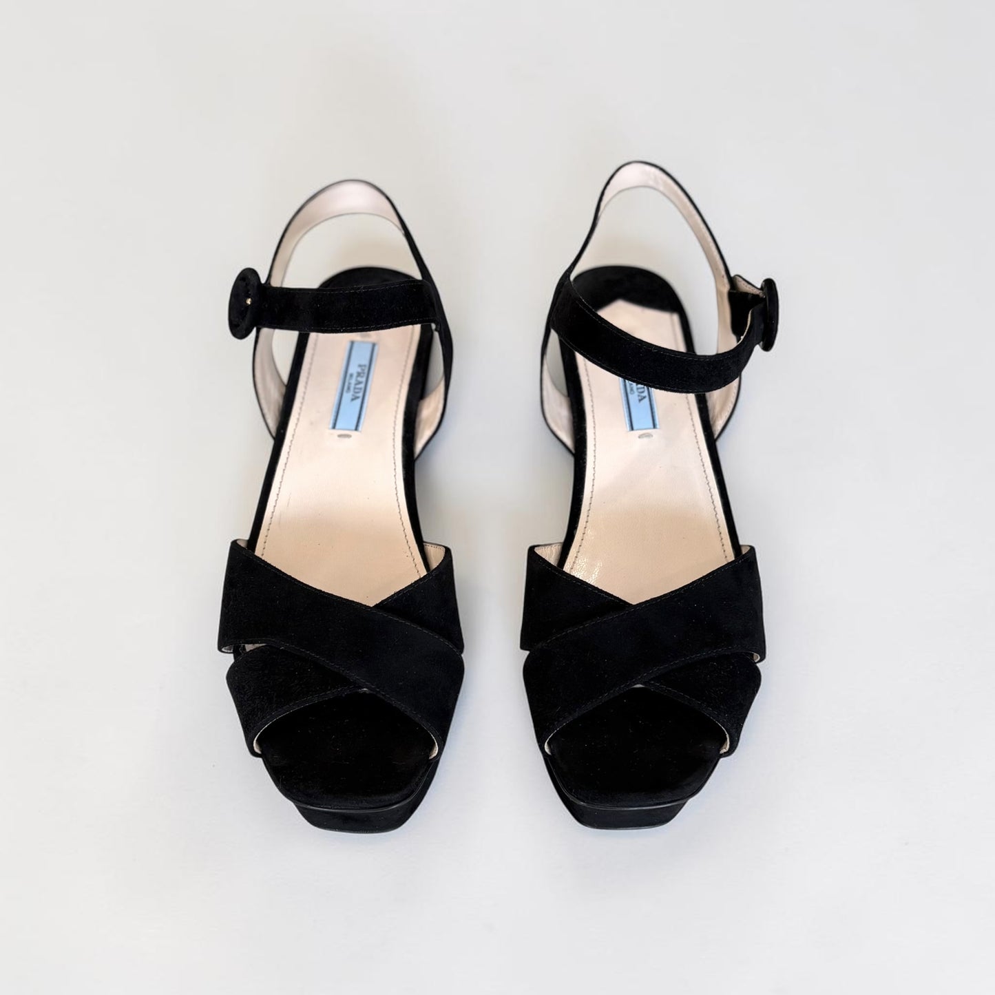 PRADA Milano Black Suede Platform Wedge Sandals — Ankle Strap, EU 39