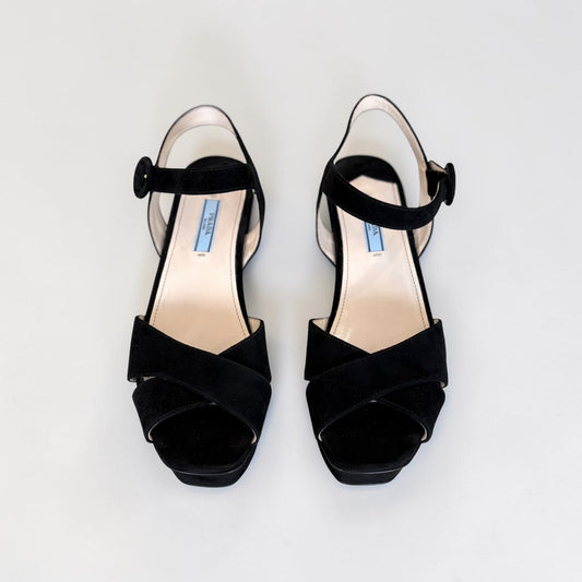 PRADA Milano Black Suede Platform Wedge Sandals — Ankle Strap, EU 39