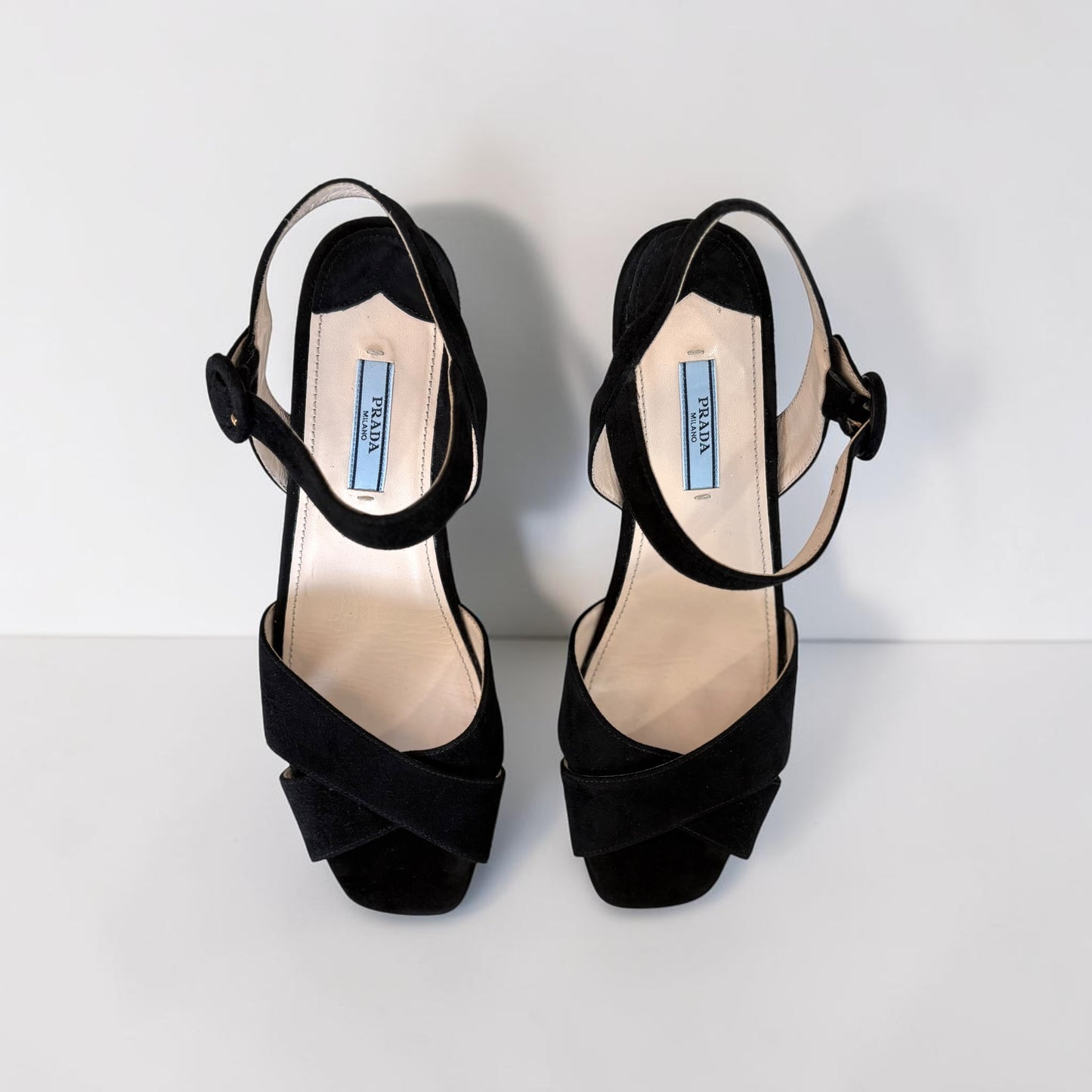 PRADA Milano Black Suede Platform Wedge Sandals — Ankle Strap, EU 39