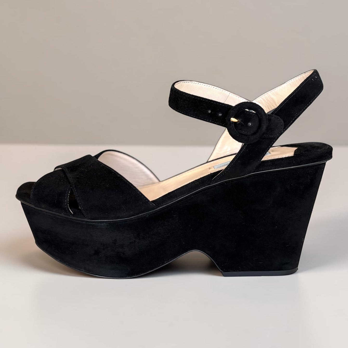 PRADA Milano Black Suede Platform Wedge Sandals — Ankle Strap, EU 39