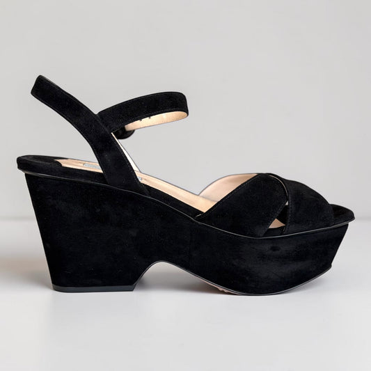 PRADA Milano Black Suede Platform Wedge Sandals — Ankle Strap, EU 39