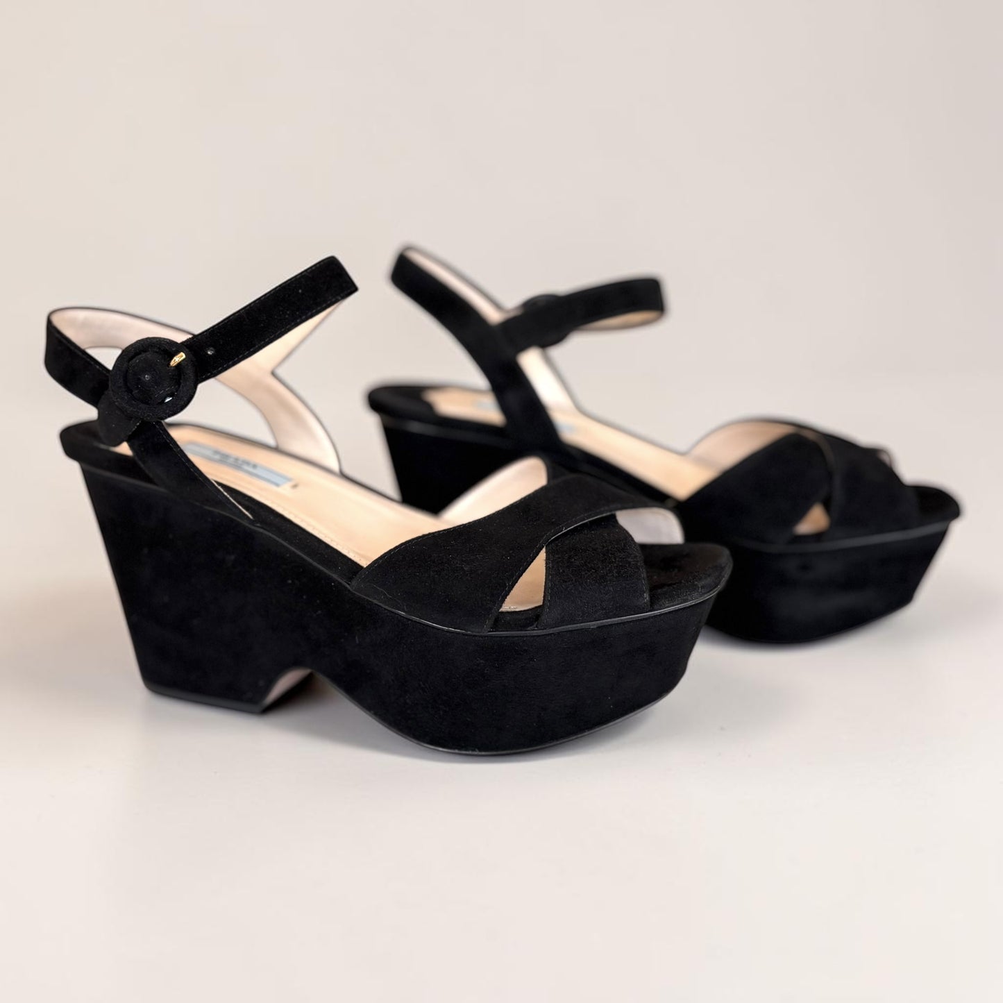 PRADA Milano Black Suede Platform Wedge Sandals — Ankle Strap, EU 39