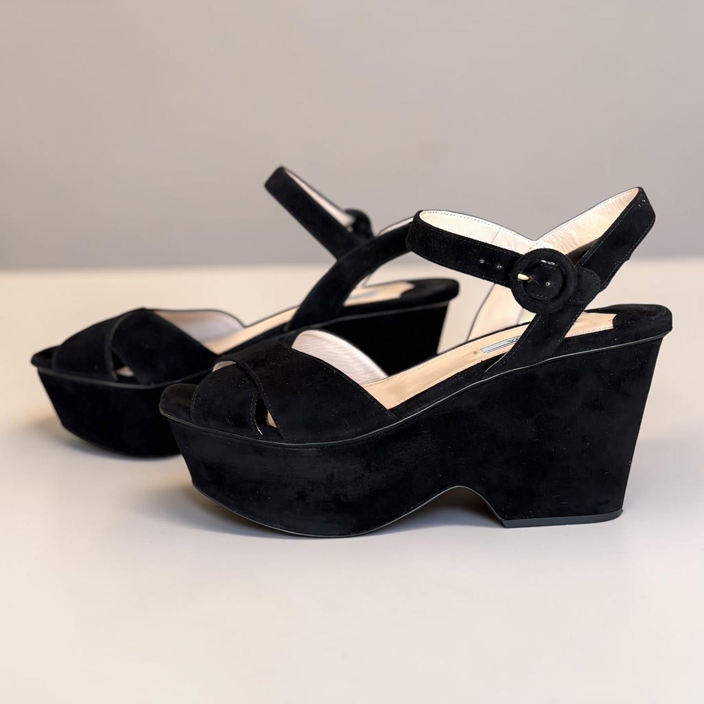PRADA Milano Black Suede Platform Wedge Sandals — Ankle Strap, EU 39