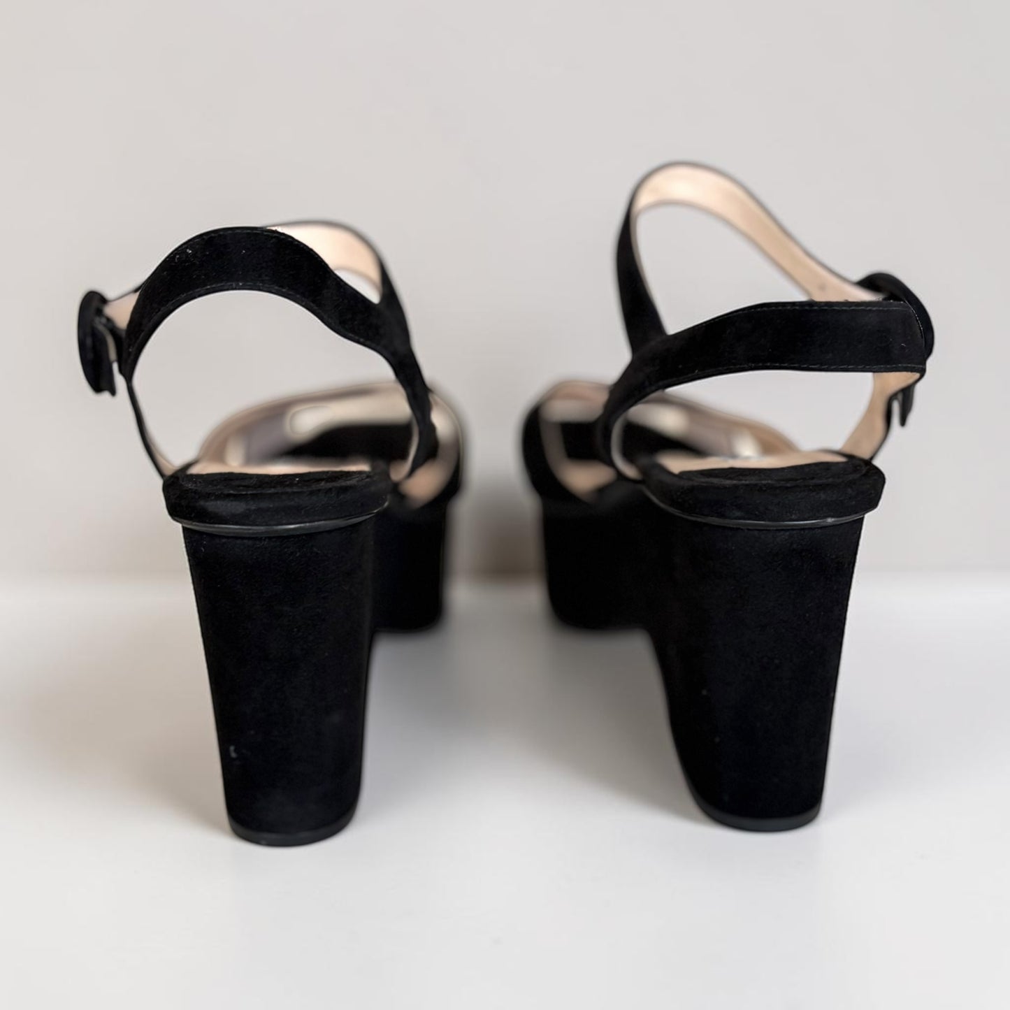 PRADA Milano Black Suede Platform Wedge Sandals — Ankle Strap, EU 39