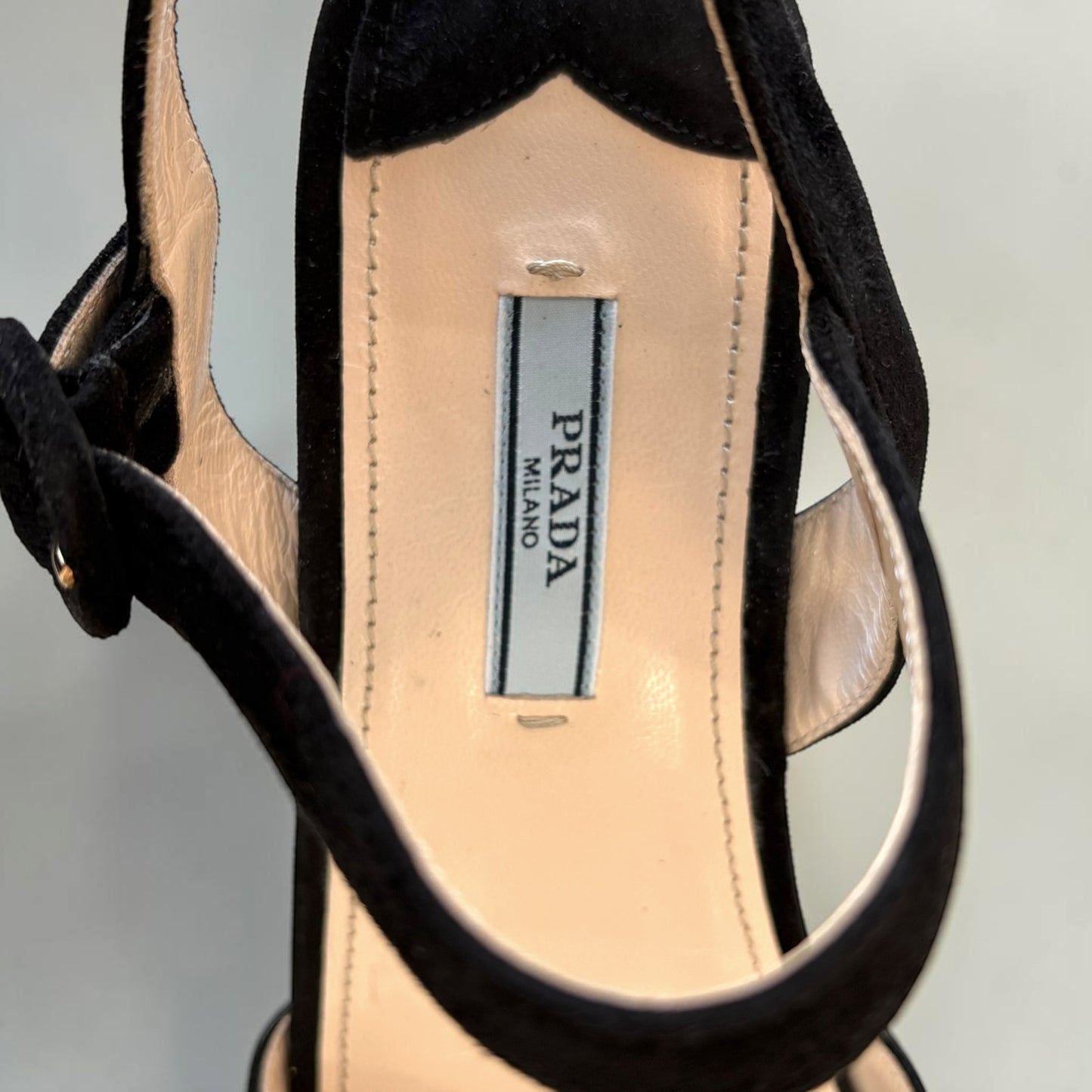 PRADA Milano Black Suede Platform Wedge Sandals — Ankle Strap, EU 39