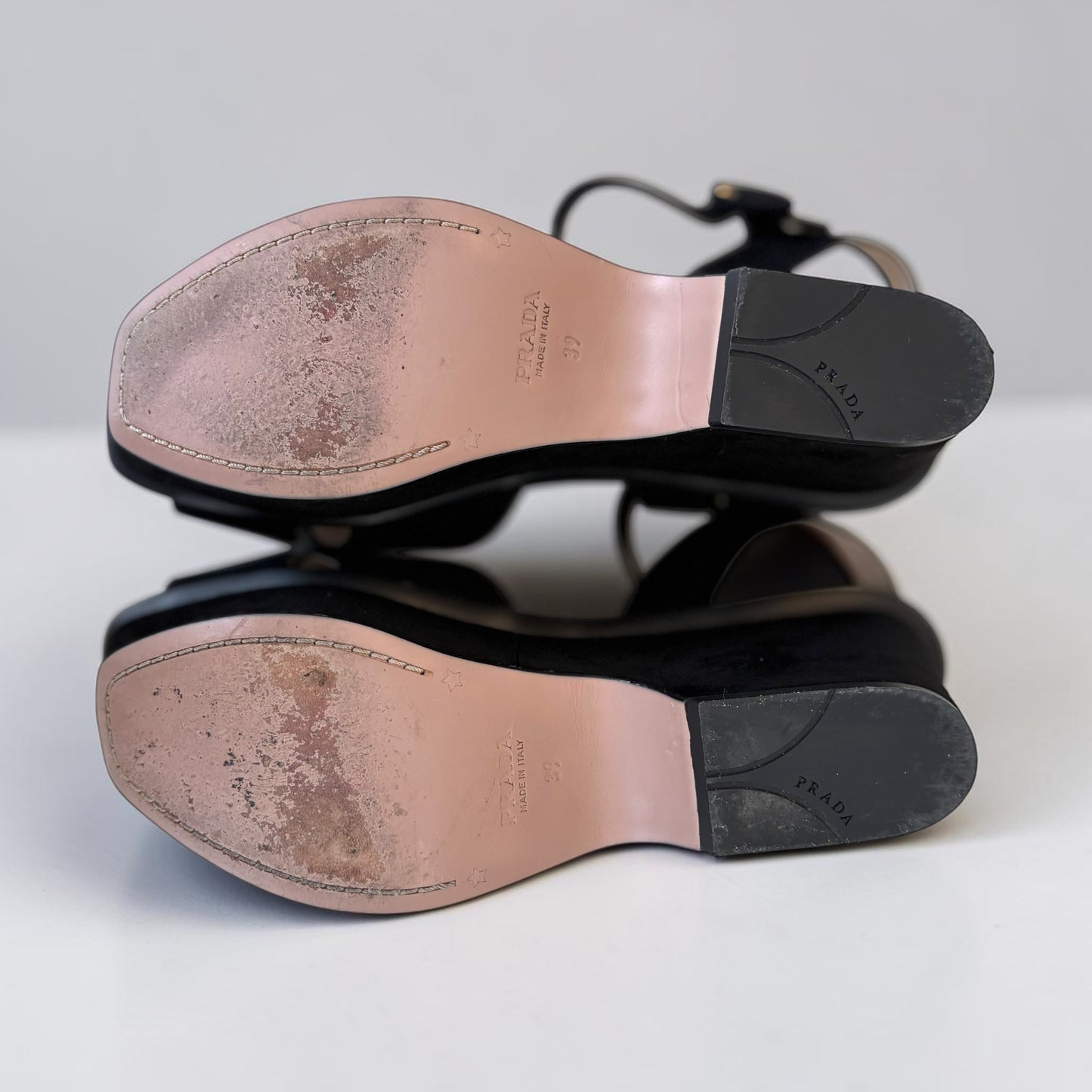 PRADA Milano Black Suede Platform Wedge Sandals — Ankle Strap, EU 39