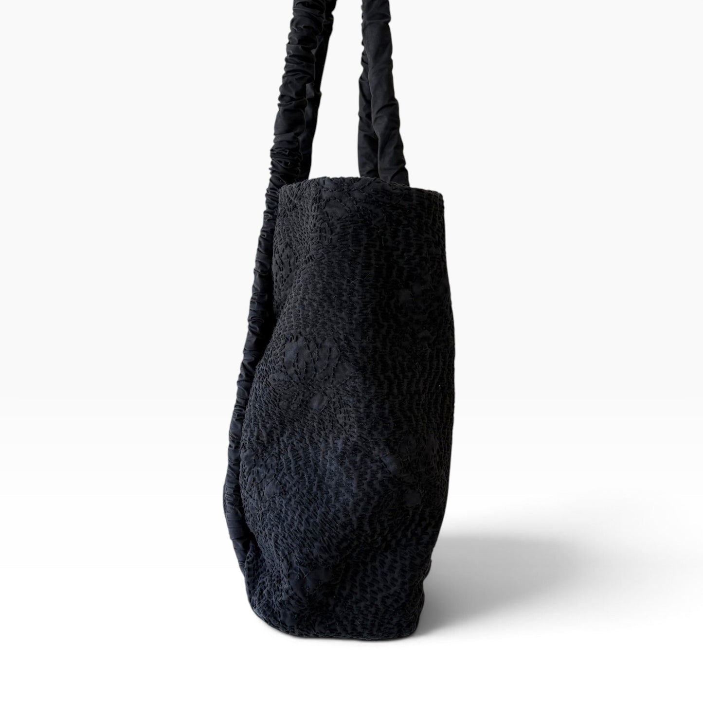 Merlette Textured Black Cotton Ruched Tote