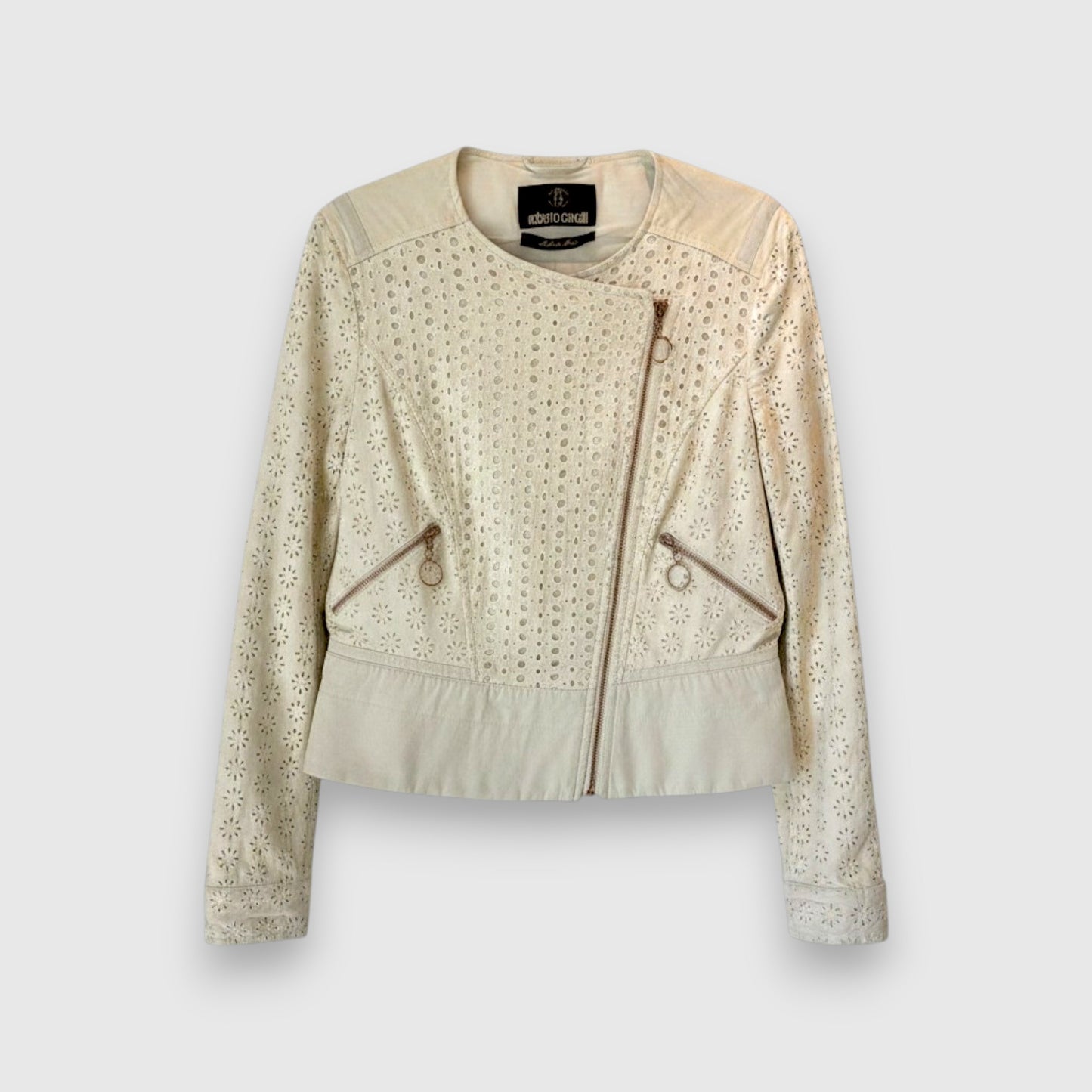 Roberto Cavalli Laser-Cut Perforated Eyelet Moto Jacket