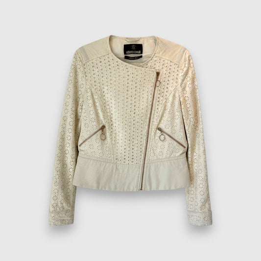 Roberto Cavalli Laser-Cut Perforated Eyelet Moto Jacket