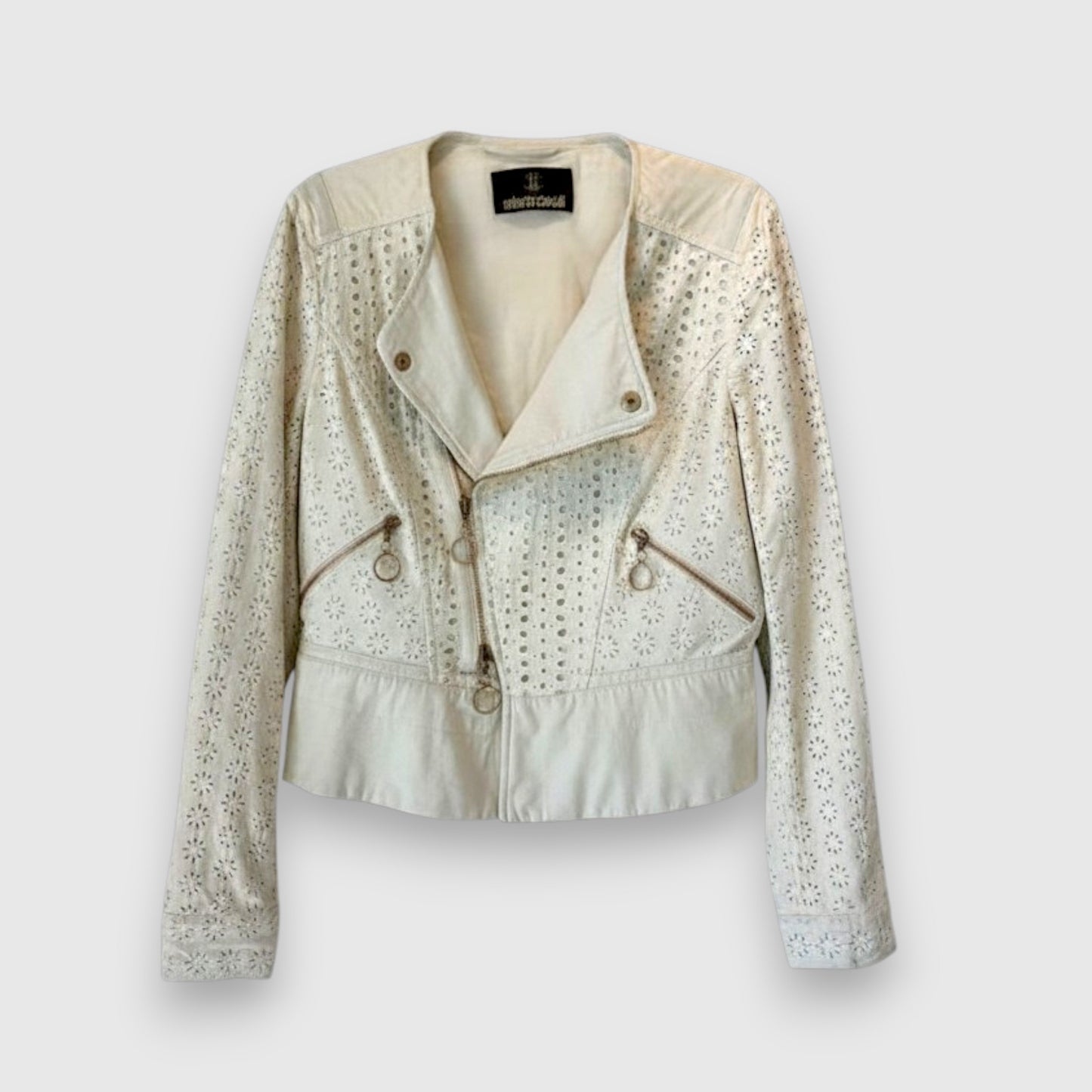 Roberto Cavalli Laser-Cut Perforated Eyelet Moto Jacket