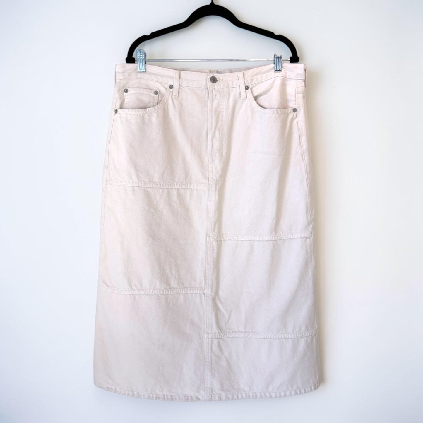 Re/Done Cream Denim Seamed Panel Midi Skirt