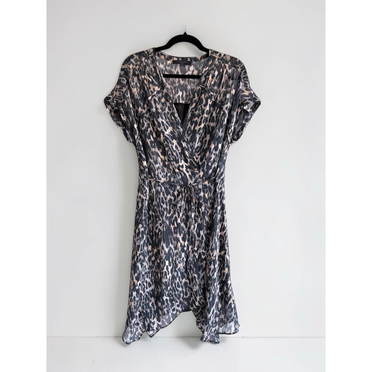 AllSaints Claria Leopard Print Faux Wrap Mini Dress V-Neck Sheer Asymmetric