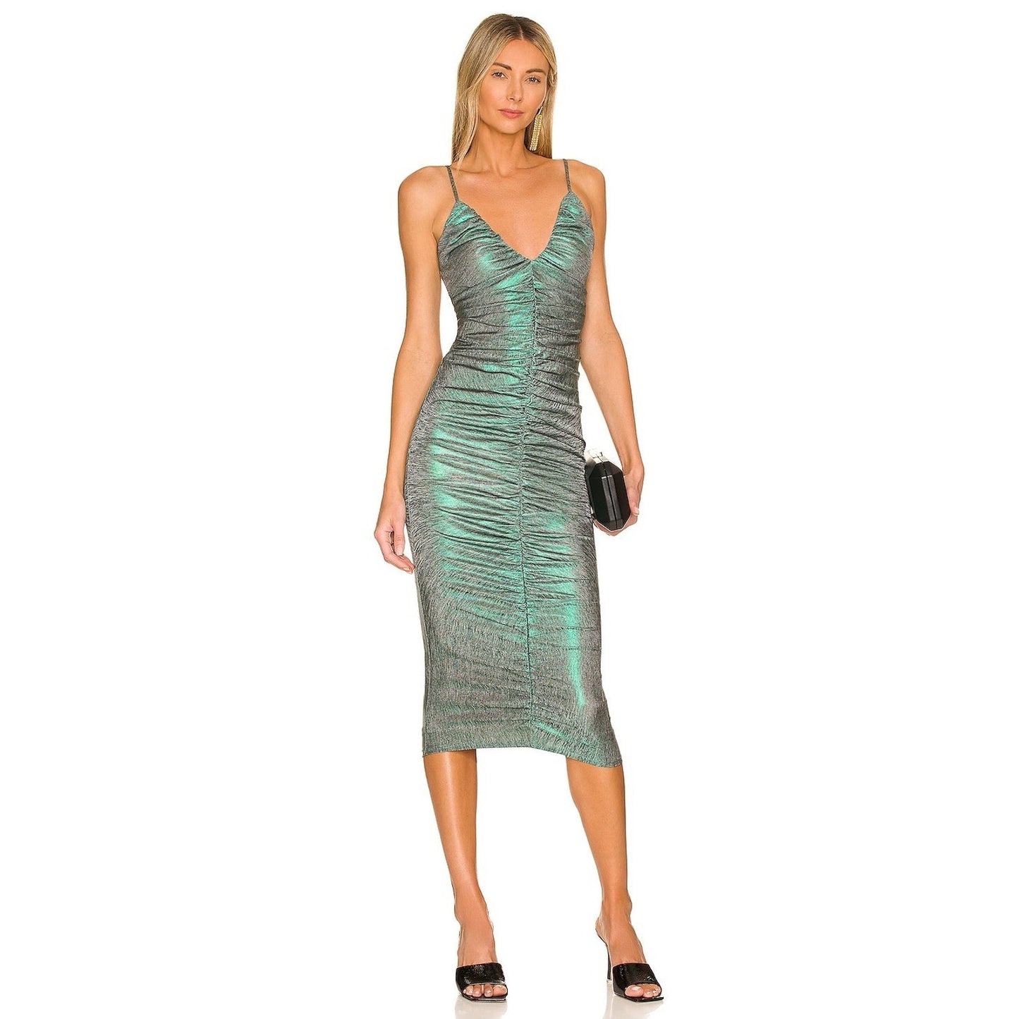 Lovers and Friends Ramona Ruched Midi Dress Green Metallic Sz XXS NWT