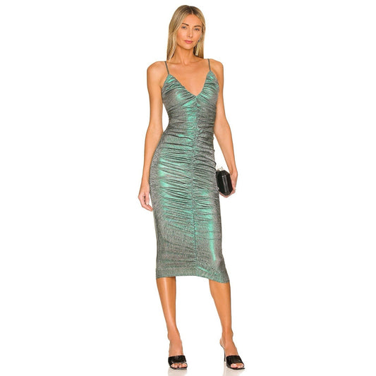 Lovers and Friends Ramona Ruched Midi Dress Green Metallic Sz XXS NWT