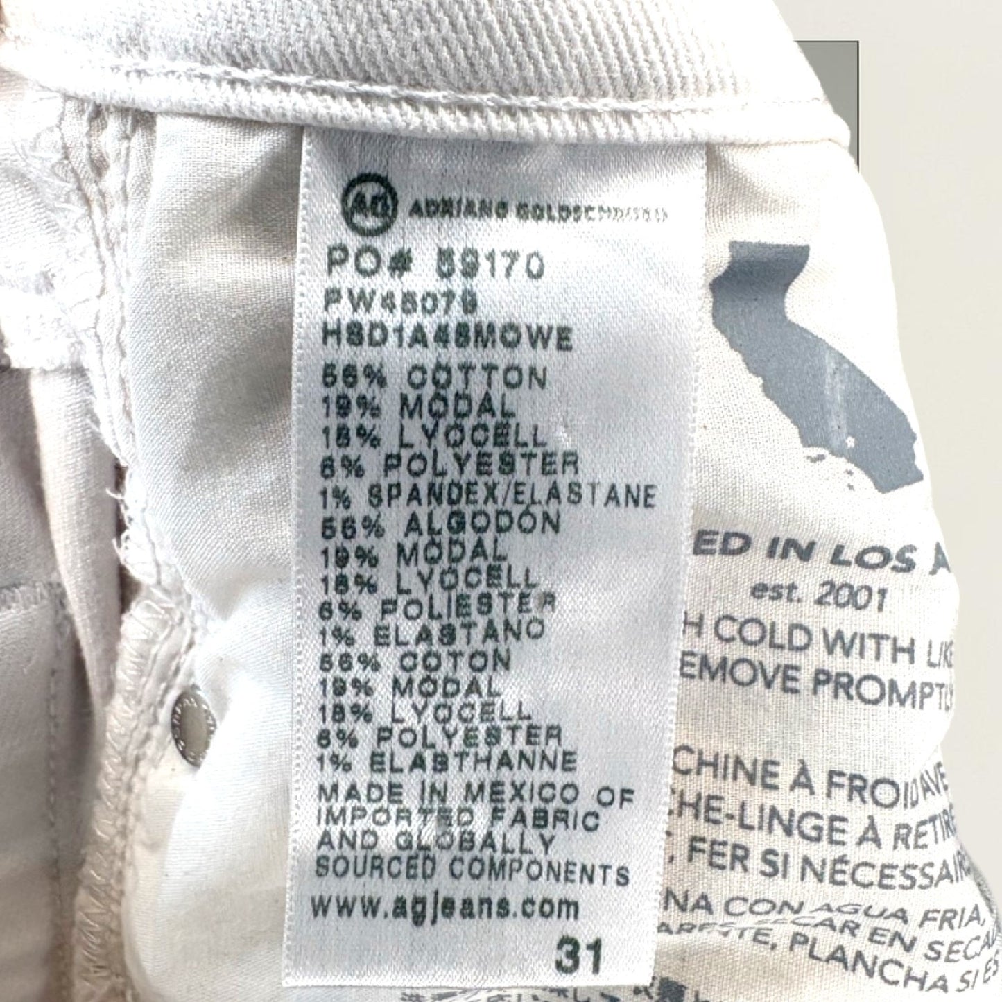 AG Adriano Goldschmied Mari Crop High Rise Slim Straight Jeans White 31