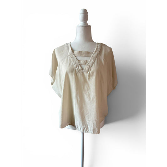 Parker Silk Top Sz XS Cream V-Neck Ladder Cutout Cap Sleeve Blouse