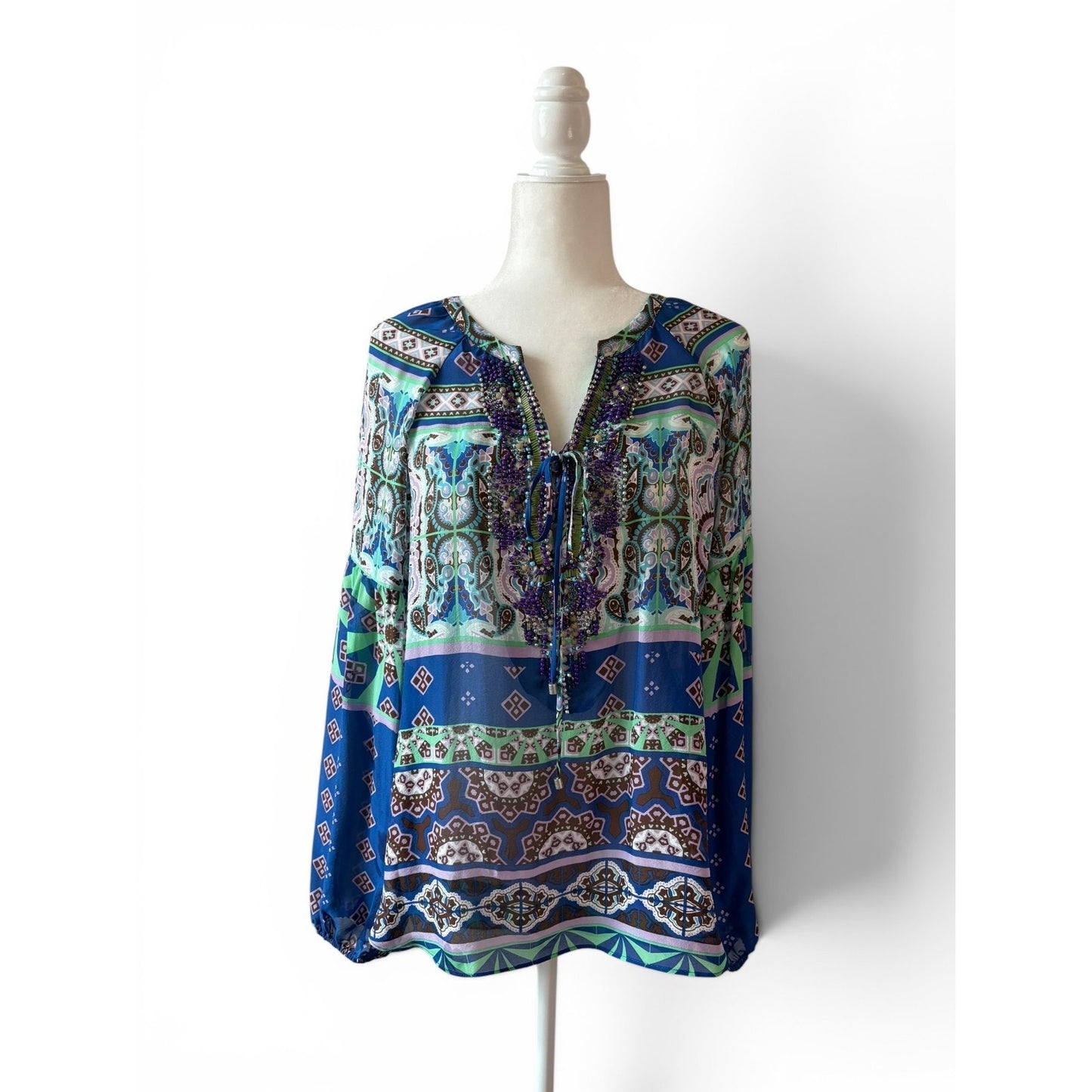 Hale Bob Silk Beaded Tunic Top Sz M Blue Green Boho Print Blouse Long Sleeve