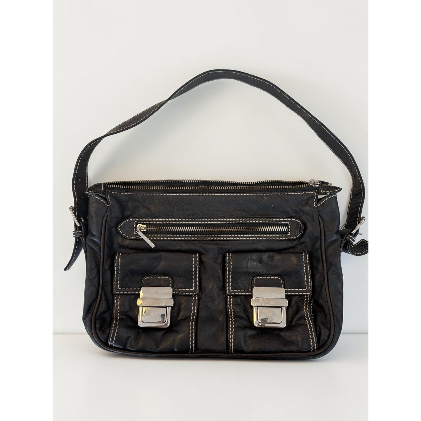 Purificacion Garcia Black Leather Shoulder Bag Silver Hardware Made in Spain