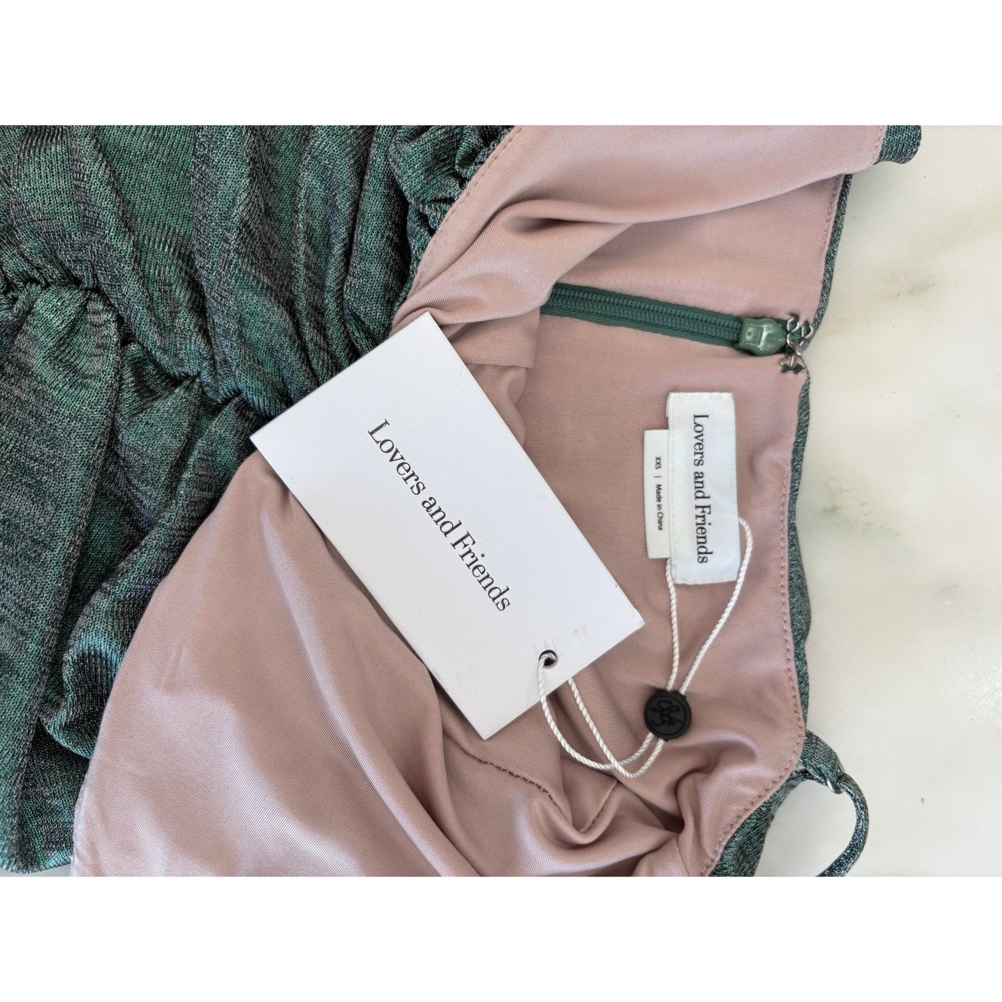 Lovers and Friends Ramona Ruched Midi Dress Green Metallic Sz XXS NWT